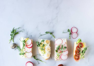 Açık gri arka planda bıldırcın yumurtalı, domatesli, turplu ve mikro yeşili olan çeşitli sandviçler. Parti başlangıcı ya da aperatif. Düz konum.