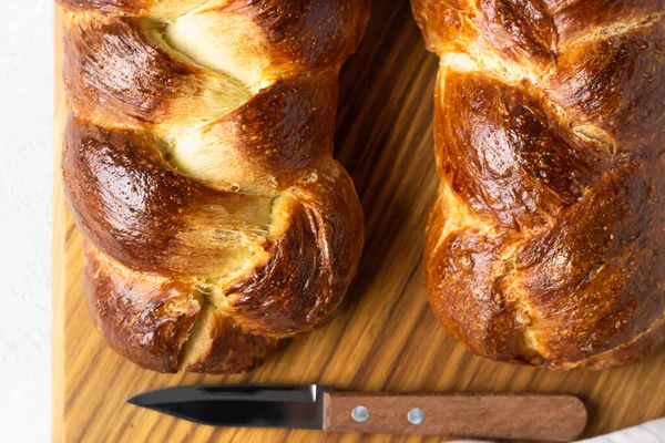 Homemade Challah Bread Cozonac Wooden Board Light Grey Stone Background — Stock Photo, Image