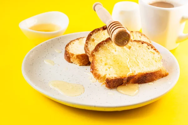 Homemade Sweet Bread Honey Plate Cup Coffee Breakfast Yellow Paper — Stock Photo, Image