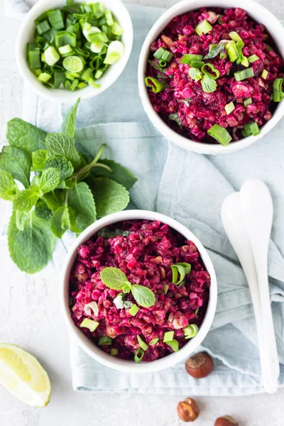 Warm Buckwheat Beetroot Nuts Herbs Salad Light Grey Concrete Background — Stock Photo, Image