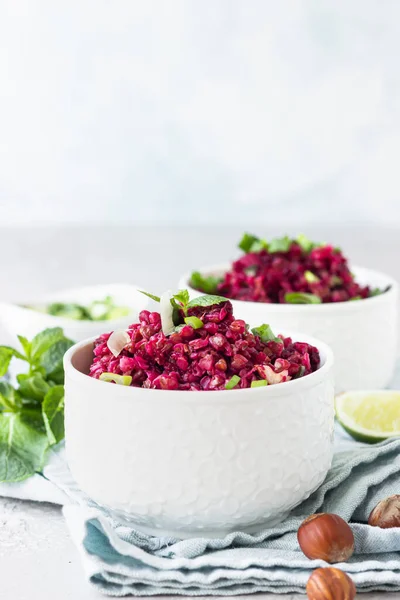 White Ceramic Bowls Buckwheat Beetroot Nuts Herbs Warm Salad Light — Stock Photo, Image