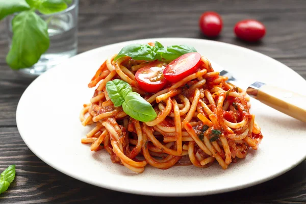 Sabroso Apetitoso Clásico Pasta Espagueti Italiano Con Salsa Tomate Tomates — Foto de Stock