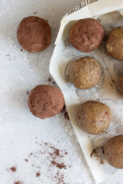 Bolas Energéticas Vegetarianas Saludables Con Garbanzos Mantequilla Maní Pasas Cacao — Foto de Stock