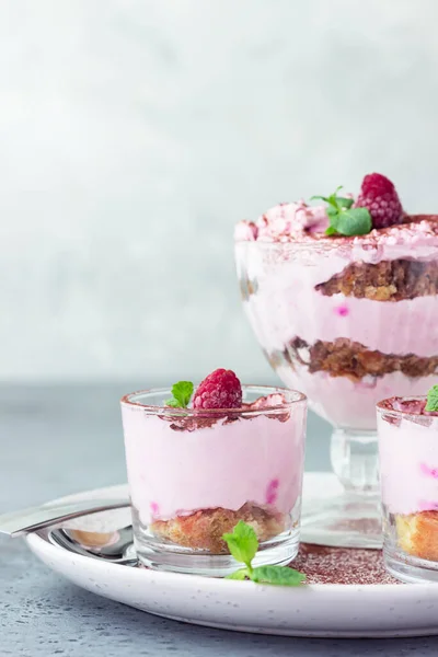 Pinkfarbenes Dessertkleingebäck Tiramisu Oder Parfait Mit Himbeeren Und Minze Verziert — Stockfoto