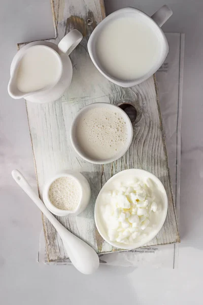 Diferentes Tipos Productos Lácteos Agricultura Requesón Leche Suero Leche Platos —  Fotos de Stock