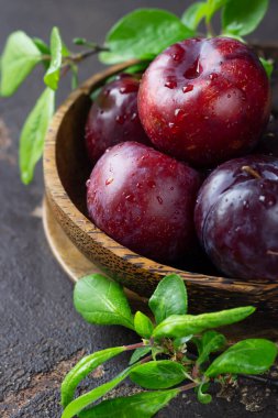 Tahta kasede yaprakları ve koyu beton arka planı olan olgun, sulu mor erikler. Kapat..