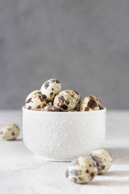 Beyaz seramik kasede bıldırcın yumurtası, açık gri arka plan. Seçici odak.