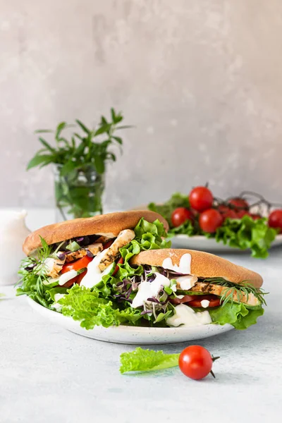Pita Bread Sandwiches Grilled Chicken Tomato Cucumber Lettuce Sauce Served — Stock Photo, Image