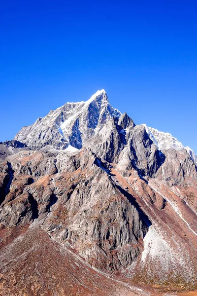 Landscape with the Himalayan mountains in the background on the way to the Everest base camp, Khumbu region in Nepal. Image with copy space.