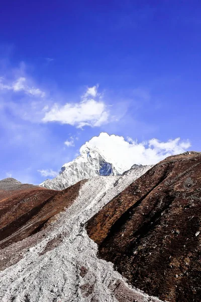 Landscape with the Himalayan mountains in the background on the way to the Everest base camp, Khumbu region in Nepal. Image with copy space. Mountain background. Everest base camp trail.