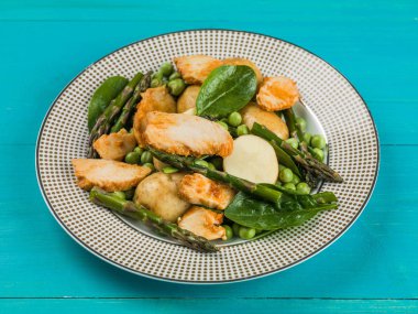 Kuşkonmaz bezelye ıspanak ve haşlanmış patates Tavuk salatası