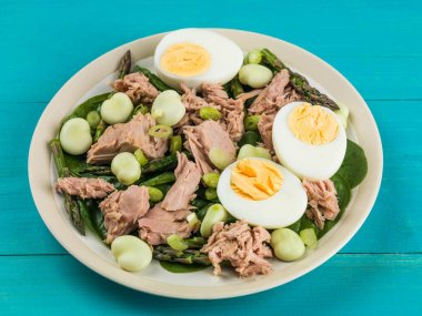 Ton balığı salatası bakla ile haşlanmış yumurta ve kuşkonmaz