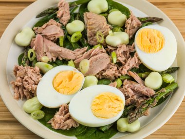 Ton balığı salatası bakla ile haşlanmış yumurta ve kuşkonmaz