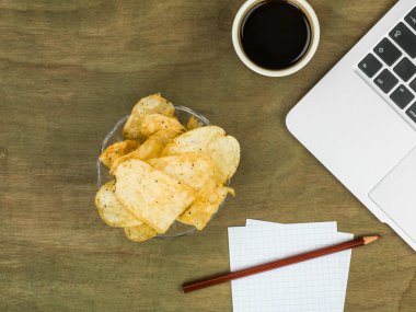 Bir kase patates cips veya patates Chi ile bilgisayar iş istasyonu