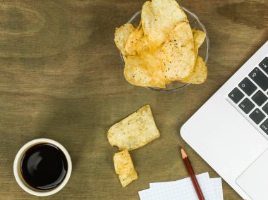 Bir kase patates cips veya patates Chi ile bilgisayar iş istasyonu