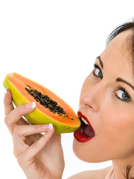 Healthy Young Woman Eating A Paw Paw Tropical Fruit — Stock Photo, Image