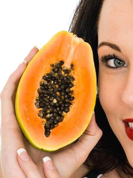 Healthy Happy Young Woman Holding A Fresh Ripe Paw Paw Fruit — Stock Photo, Image