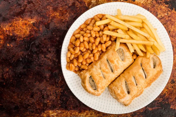 Sausage Rolls With Baked Beans Chips And French Fries — Stock Photo, Image