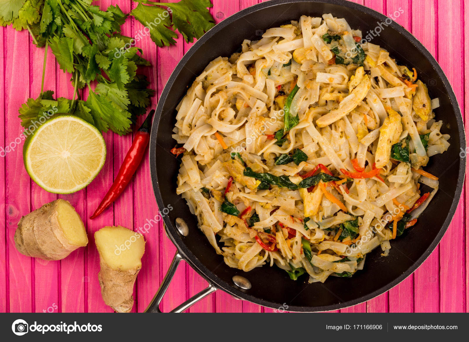 Thai Style Chicken Pad Thai With Noodles Stock Photo