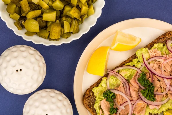 Tuna Fish and Avocado With Onions on Rye Bread Open Face Sandwich — Stock Photo, Image