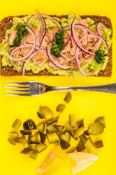 Tuna Fish and Avocado With Onions on Rye Bread Open Face Sandwich — Stock Photo, Image