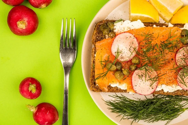Smoked Salmon With Cream Cheese and Radishes Open Face Rye Bread — Stock Photo, Image