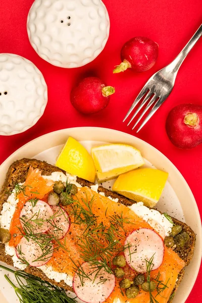 Salmón ahumado con queso crema y rábanos Pan de centeno de cara abierta — Foto de Stock