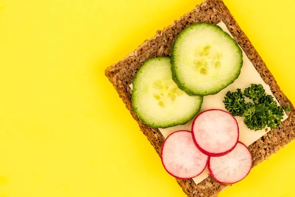 Cheese and Cucumber Open Face Rye Bread Sandwich With Radishes — Stock Photo, Image