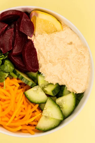 Vegan or Vegetarian Salad Food Bowl With Beetroot Hummus Carrots — Stock Photo, Image