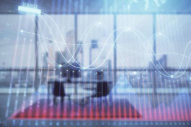 Minimalist kabine iç arka plan ile iş teması grafik hologram. Çift pozlama. Hisse senedi piyasası konsepti.