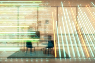 Minimalist kabine iç arka plan ile iş teması grafik hologram. Çift pozlama. Hisse senedi piyasası konsepti.