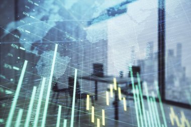 Harita ve minimalist kabine iç arka plan ile Forex grafik hologram. Çifte pozlama. Uluslararası iş kavramı.