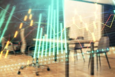 Minimalist kabine iç arka plan ile iş teması grafik hologram. Çift pozlama. Hisse senedi piyasası konsepti.