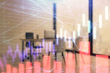 Minimalist kabine iç arka plan ile Forex grafik hologram. Çift pozlama. Hisse senedi piyasası konsepti.