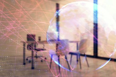 Dünya haritası hologramı ve minimalist kabine iç planı. Çifte maruziyet. Uluslararası iş kavramı.