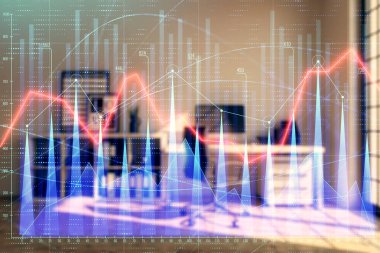 Minimalist kabine iç arka plan ile Forex grafik hologram. Çift pozlama. Hisse senedi piyasası konsepti.