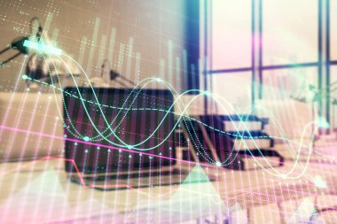 Masaüstü Ofis bilgisayar arka plan ile Forex grafik hologram. Çift pozlama. Finansal analiz konsepti.