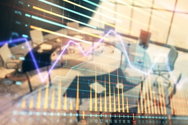 Konferans odası arka planda Forex çizelgesine çift pozlama. Hisse senedi piyasası analizi konsepti