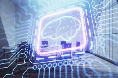 Konferans odasının arka planında beyin çizim hologramının çift ekimaruz ilerlisi. Veri analizi kavramı