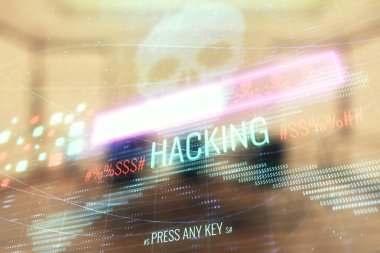 Konferans odası arka planda hack tema hologram çift pozlama. Siber korsanlık kavramı