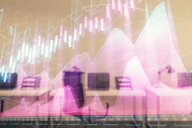 Arka planda ticaret masası banka Ofisi İç ile stok ve tahvil piyasa grafiği. Çok pozlama. Finansal analiz konsepti