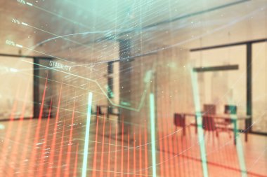 Arka planda ticaret masası banka Ofisi İç ile stok ve tahvil piyasa grafiği. Çok pozlama. Finansal analiz konsepti