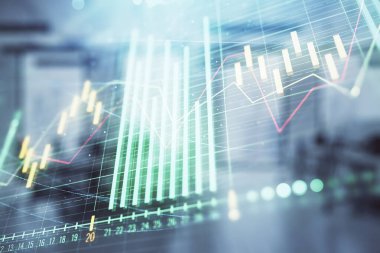 Ticaret masası banka ofisi iç arka planda stok piyasa şeması. Çift pozlama. Finansal analiz konsepti