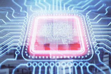 Arka planda ofis iç ile insan beyni çizim. Çift pozlama. Yenilik konsepti.