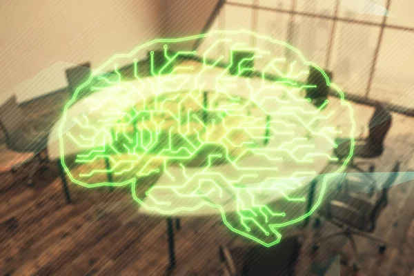 Doble exposición del holograma de dibujo cerebral en el fondo de la sala de conferencias. Concepto de análisis de datos — Foto de Stock