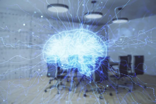Podwójna ekspozycja hologramu rysunkowego mózgu na tle sali konferencyjnej. Koncepcja analizy danych — Zdjęcie stockowe