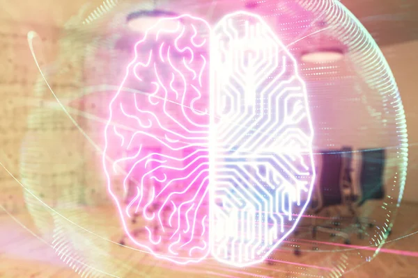 Konferans odasının arka planında beyin çizim hologramının çift ekimaruz ilerlisi. Veri analizi kavramı — Stok fotoğraf