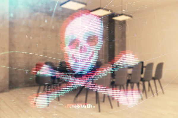 Doppelbelichtung des Hologramms zum Thema Hacking auf dem Hintergrund des Konferenzraums. Konzept der Cyberpiraterie — Stockfoto
