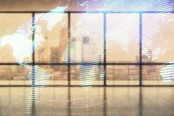 Double exposure of world map on empty room interior background. International network concept.