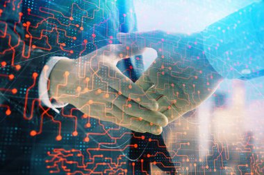 İki işadamı el sıkışması ile Cityscape arka planda çizim soyut teknoloji çift pozlama. İş içinde teknoloji rolü kavramı